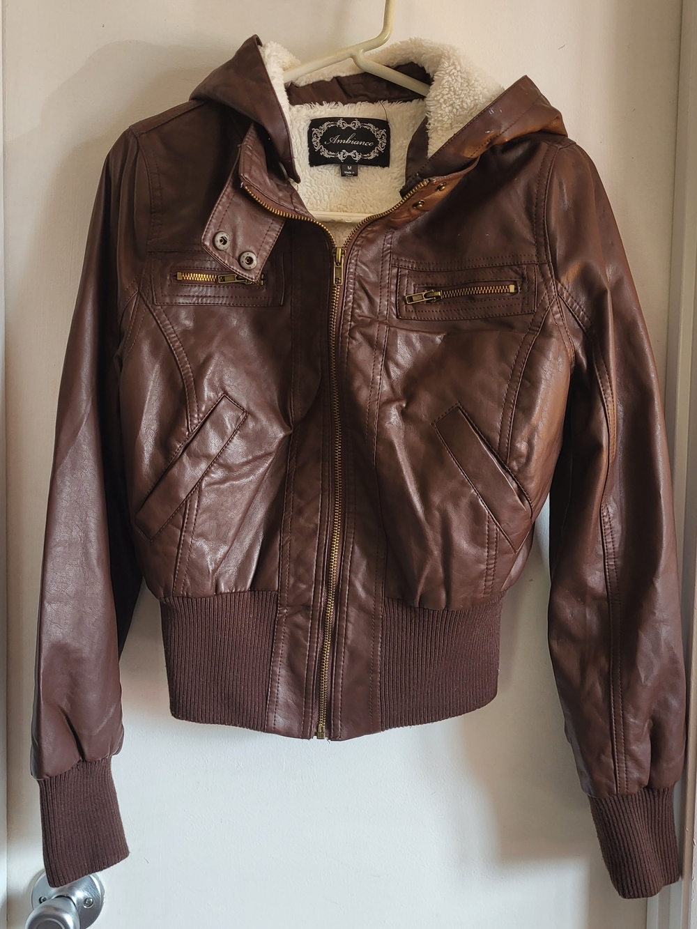 Ambiance Brown Faux Leather Bomber Jacket With Removable Hood